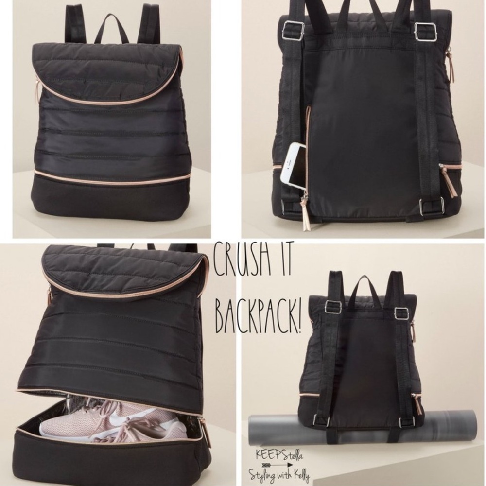 New Stella and Dot Crush It black backpack with shoe space and yoga mat holder